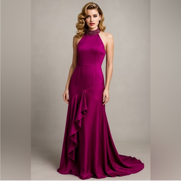 Aidan Mattox Crystal Beaded Halter Gown Magenta Fuchsia Satin Size 4 NWT Evening - Picture 1 of 9